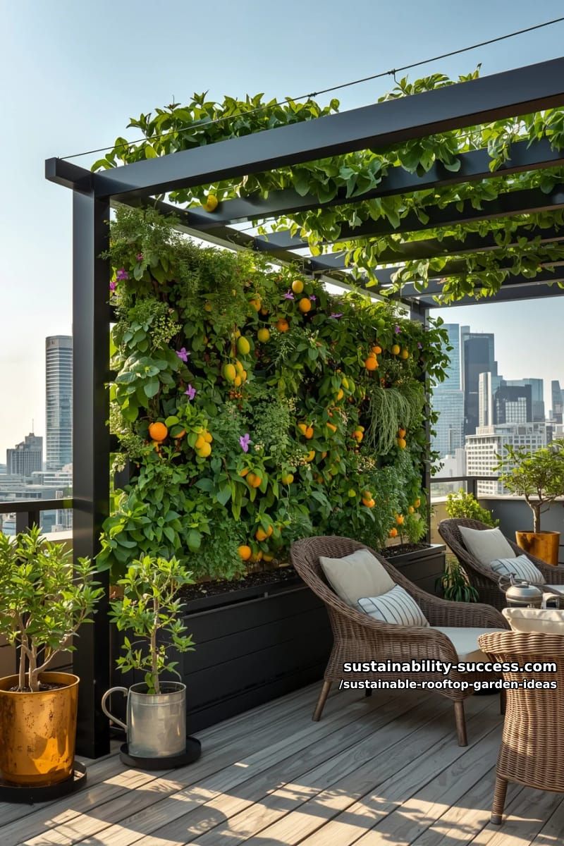 living wall of edible herbs cascading down modern pergola frame 1
