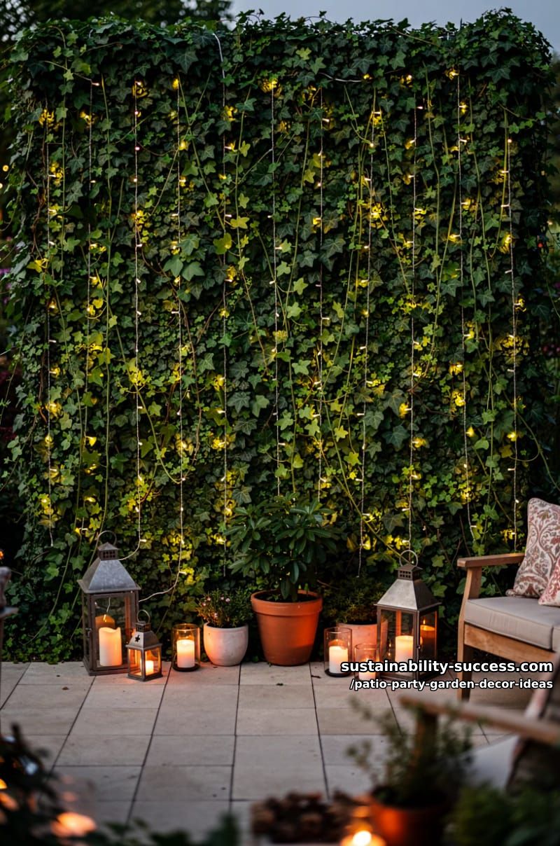 living wall of trailing ivy and fairy lights as a selfie backdrop 1