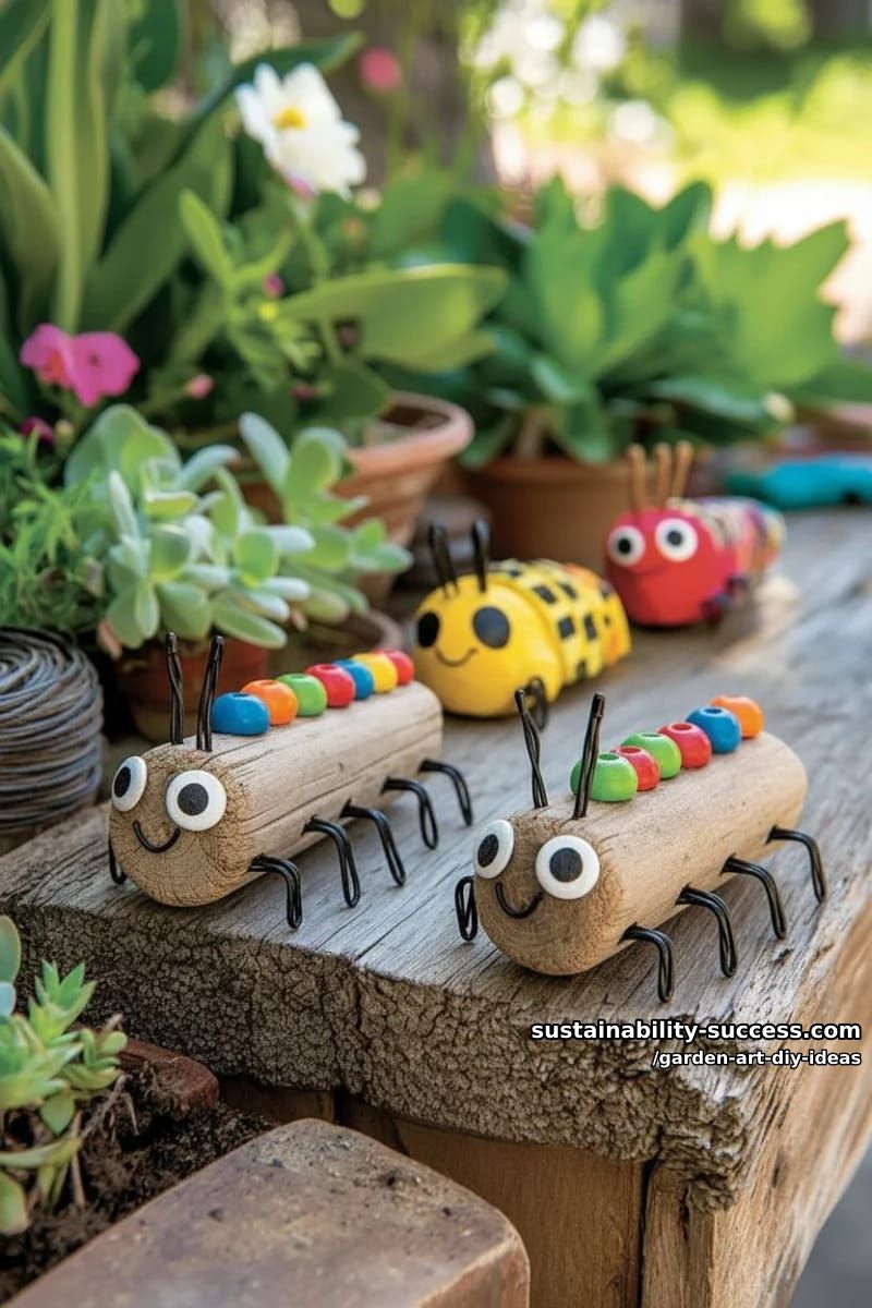 23 Creative Garden Art DIY Ideas for a Unique Outdoor Decor 14 make driftwood caterpillars with painted wooden beads and wire legs. 1