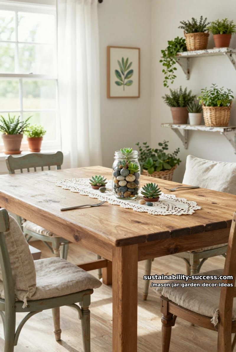 mason jar centerpiece filled with river stones and mini succulents 1