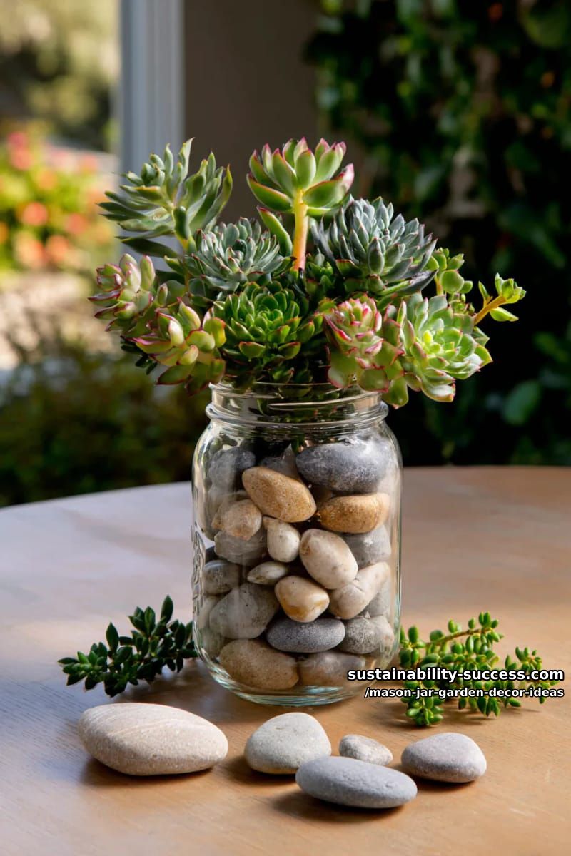 mason jar centerpiece filled with river stones and mini succulents 1