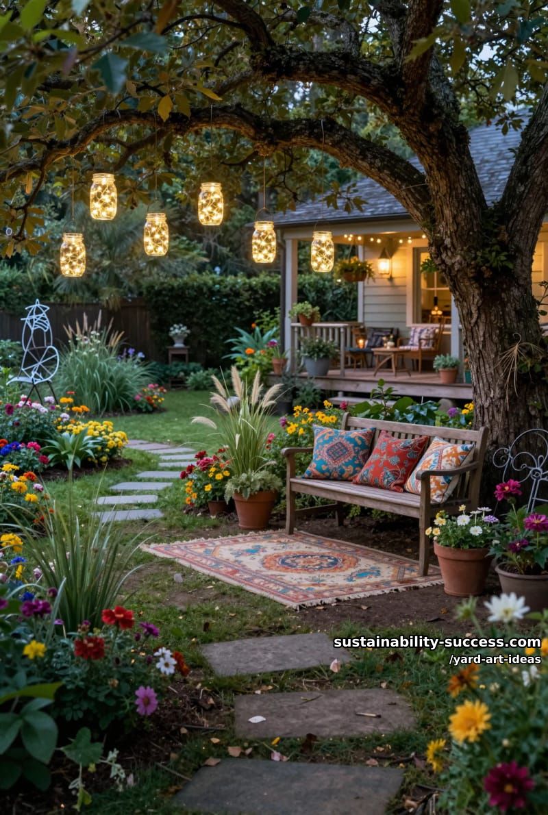 mason jar lanterns filled with fairy lights hanging from tree branches 1