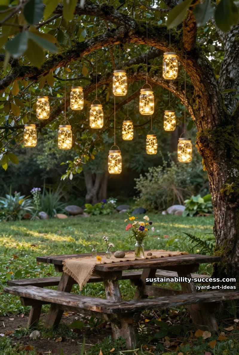 mason jar lanterns filled with fairy lights hanging from tree branches 1