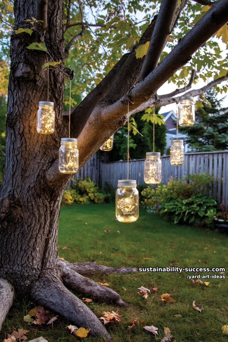 mason jar lanterns filled with fairy lights hanging from tree branches 1