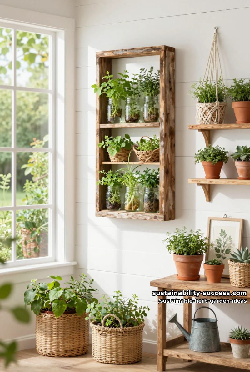 mason jar vertical herb planter on a reclaimed wood frame 1
