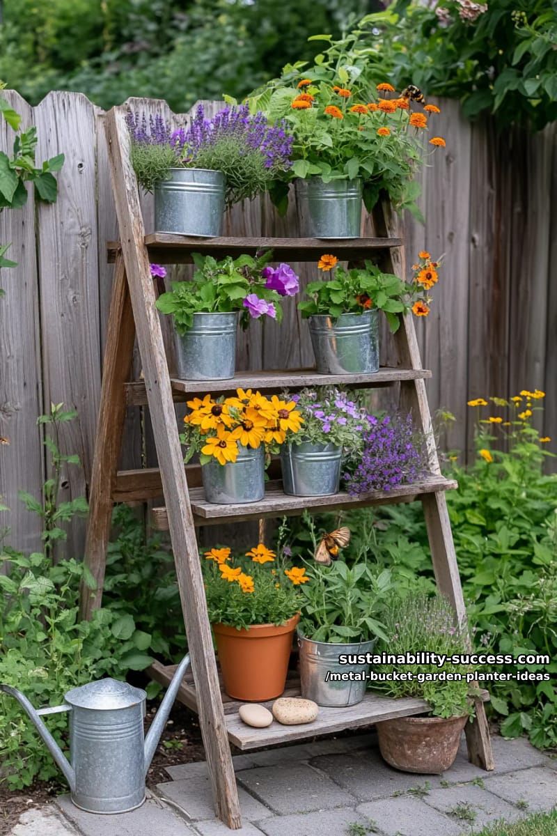 metal bucket ladder garden with each step featuring pollinator flowers 1