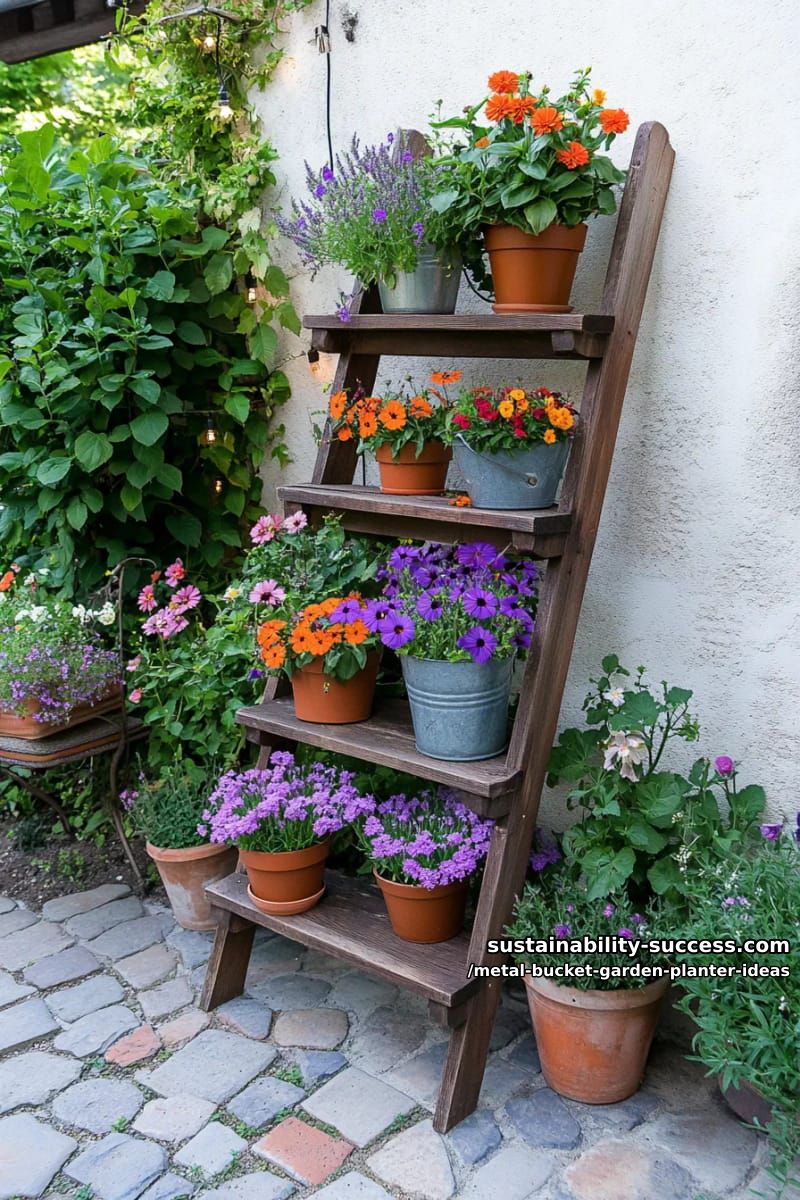 metal bucket ladder garden with each step featuring pollinator flowers 1