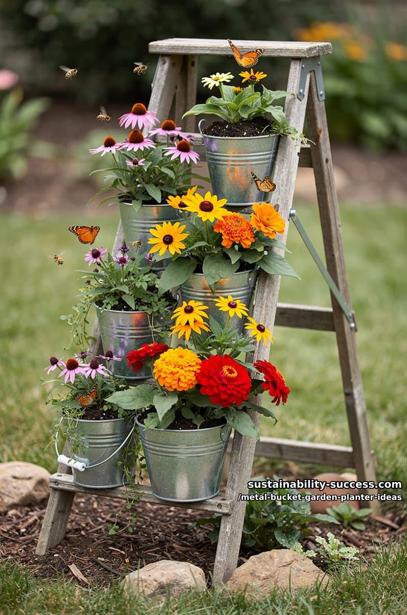metal bucket ladder garden with each step featuring pollinator flowers 1