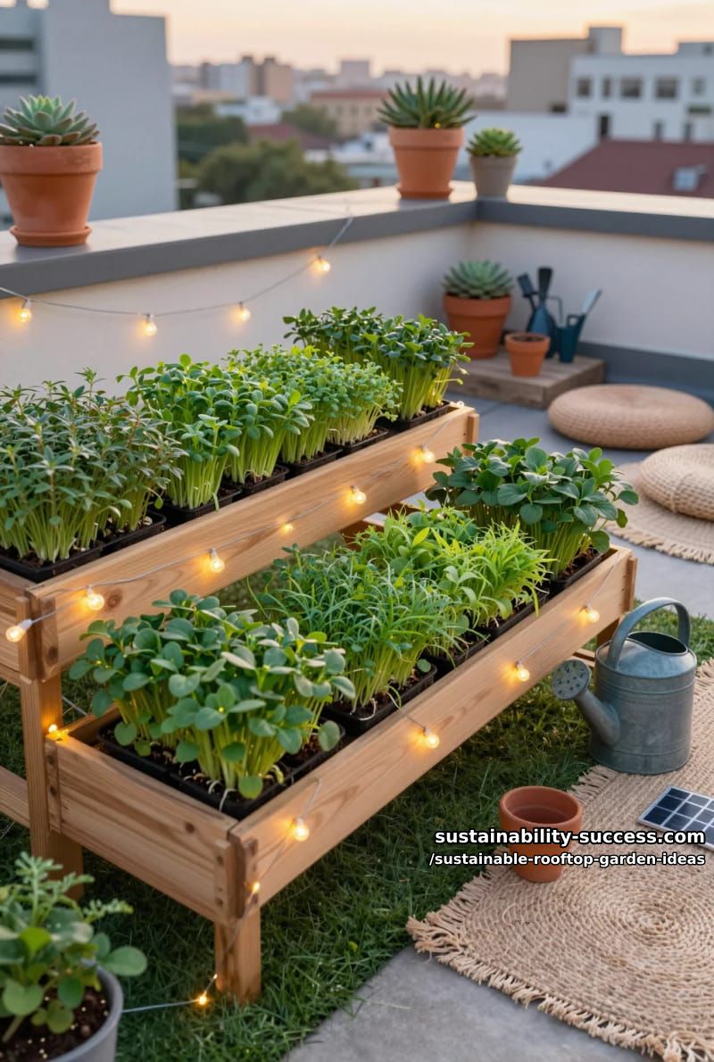 micro-green station on a green roof with solar fairy light accents 1