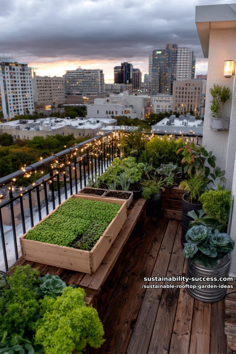 micro-green station on a green roof with solar fairy light accents 1