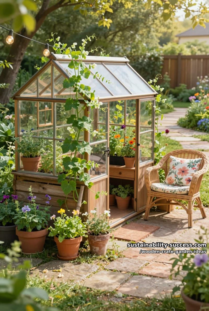 mini greenhouse using crates, glass panels, and climbing pea vines 1