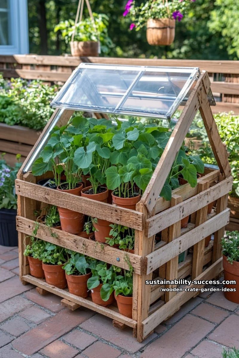 mini greenhouse using crates, glass panels, and climbing pea vines 1