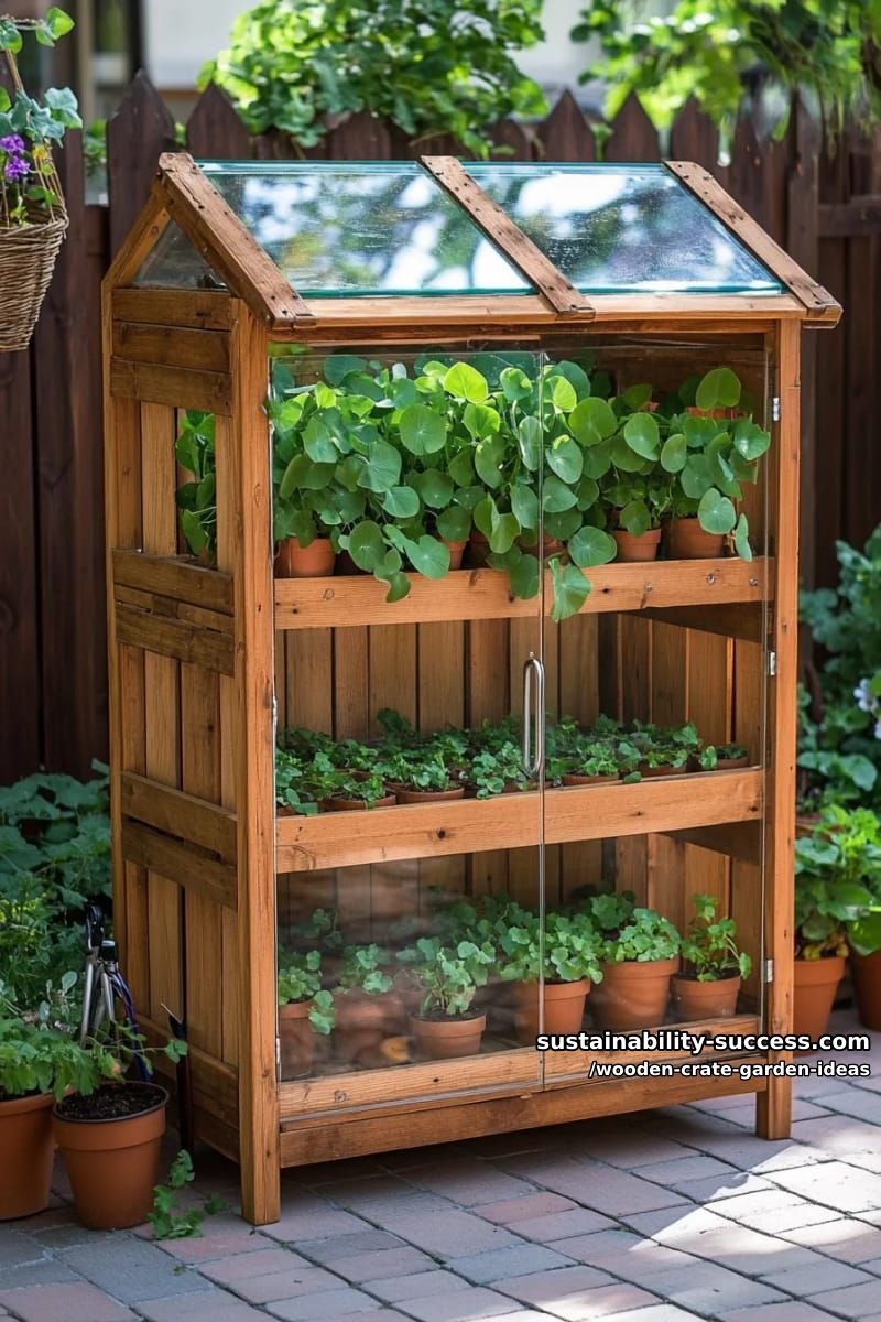 mini greenhouse using crates, glass panels, and climbing pea vines 1