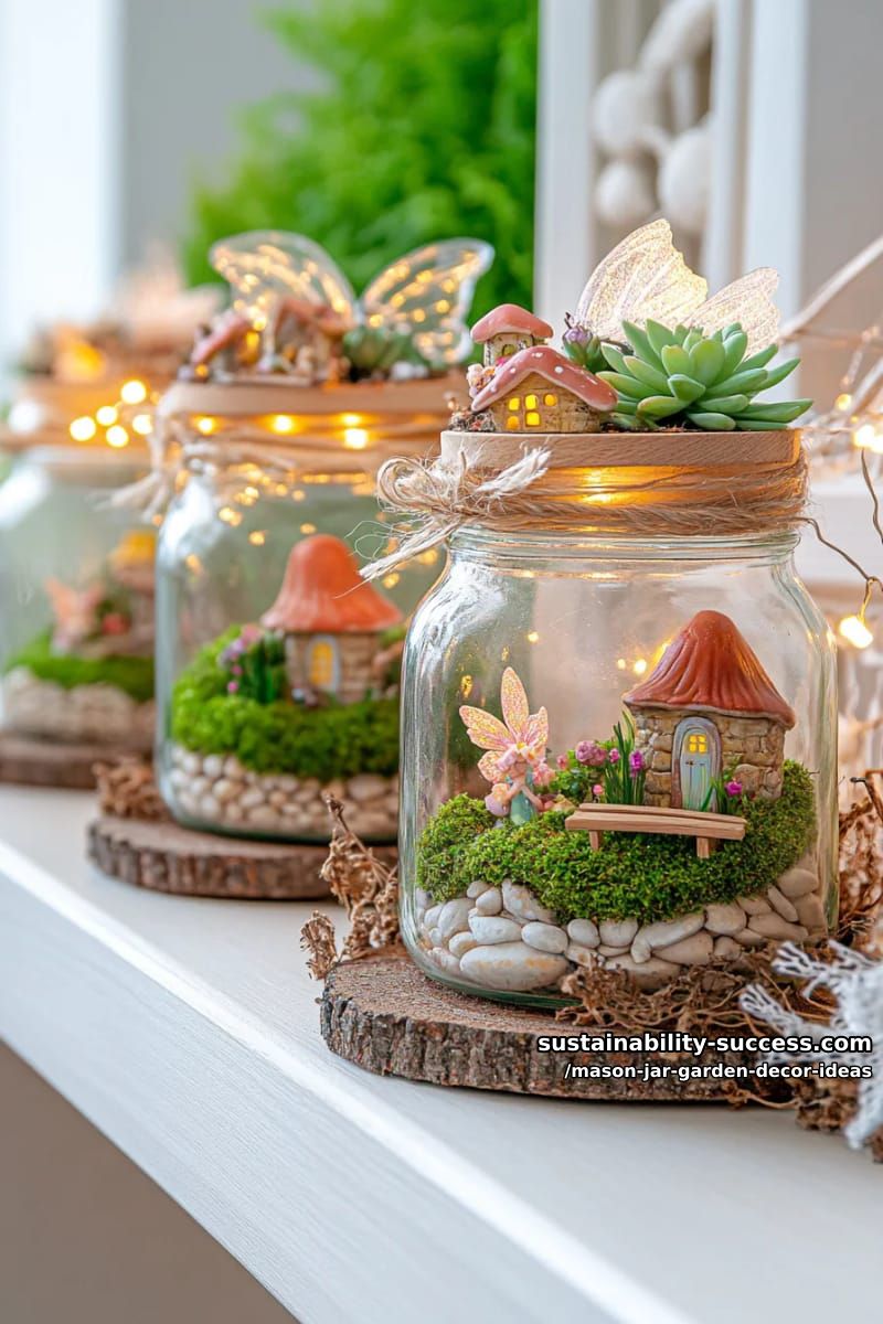 miniature fairy garden scenes nestled inside clear mason jars 1