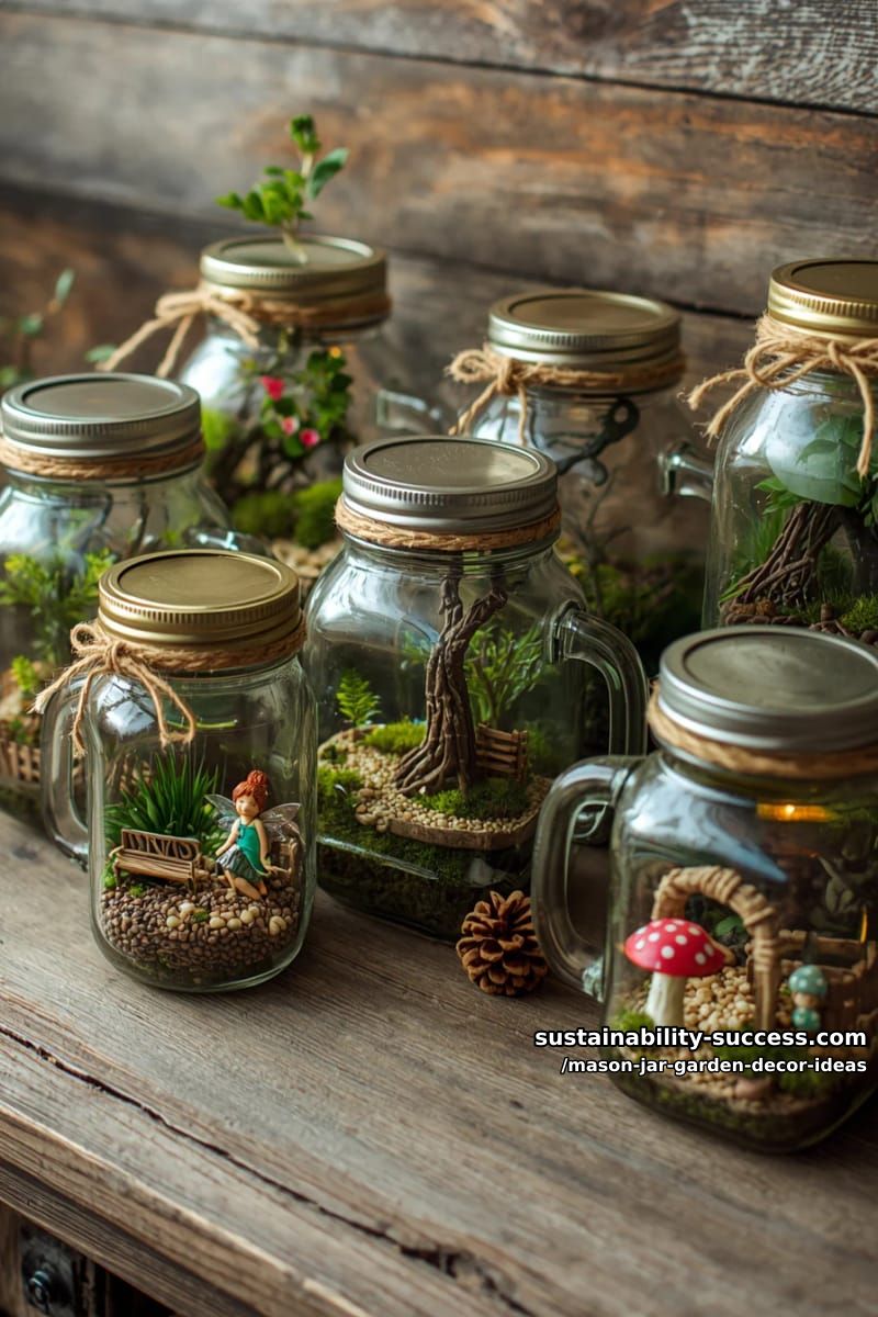 miniature fairy garden scenes nestled inside clear mason jars 1