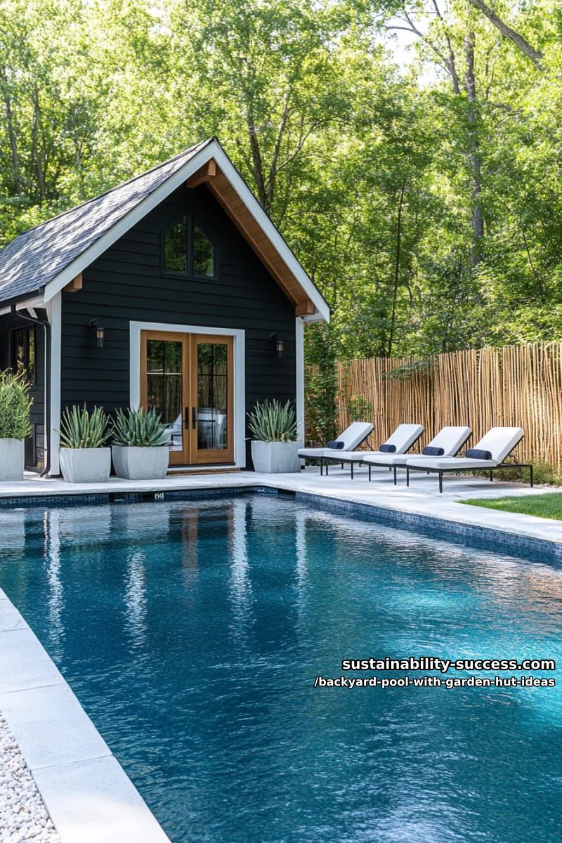 15 Dreamy Backyard Pool with Garden Hut Ideas to Inspire 16 minimalist black-and-white poolside hut with geometric planters and succulents. 1