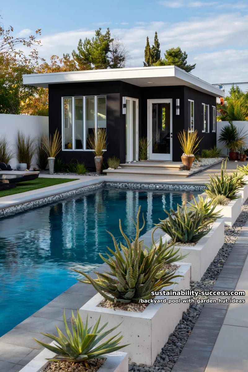 15 Dreamy Backyard Pool with Garden Hut Ideas to Inspire 17 minimalist black-and-white poolside hut with geometric planters and succulents. 1