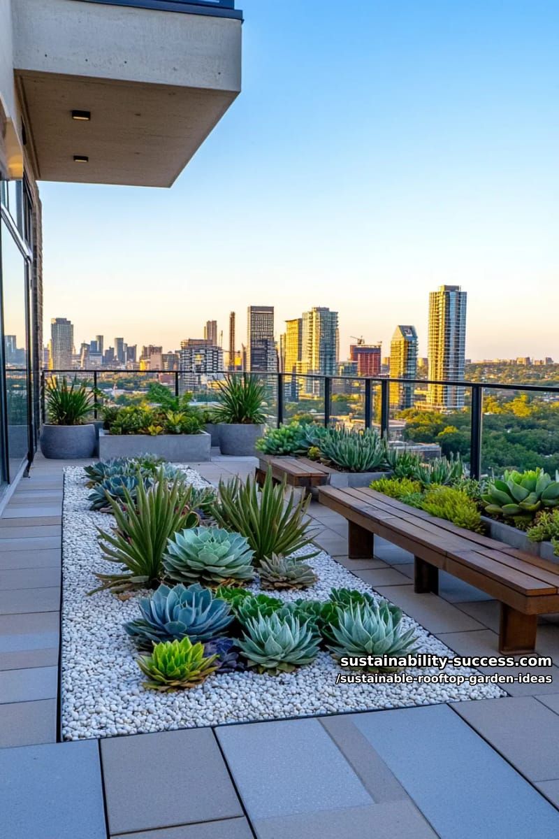 minimalist succulent garden with gravel mosaic pathways and city views 1