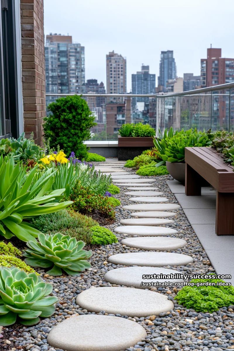 minimalist succulent garden with gravel mosaic pathways and city views 1
