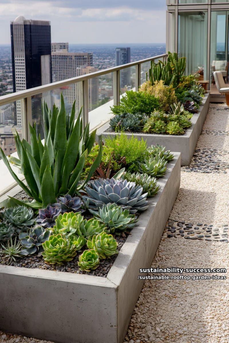 minimalist succulent garden with gravel mosaic pathways and city views 1