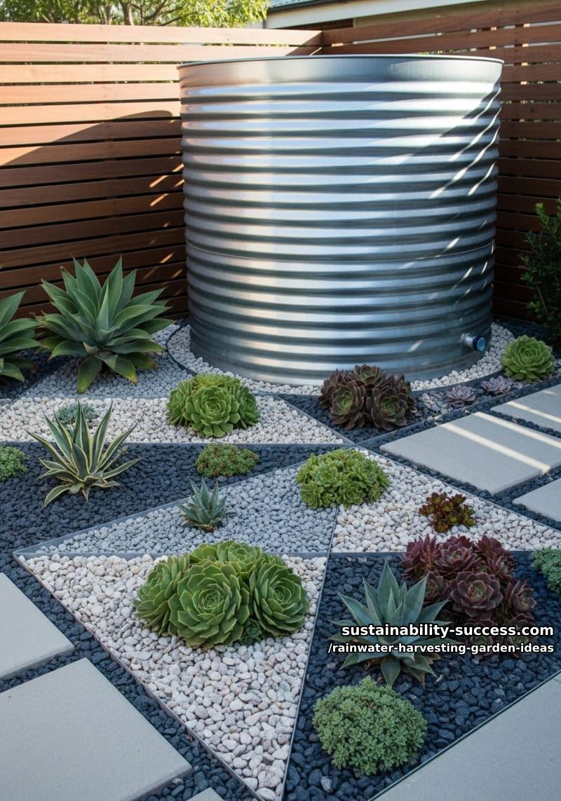 modern galvanized steel tank with geometric gravel mulch and succulents 1