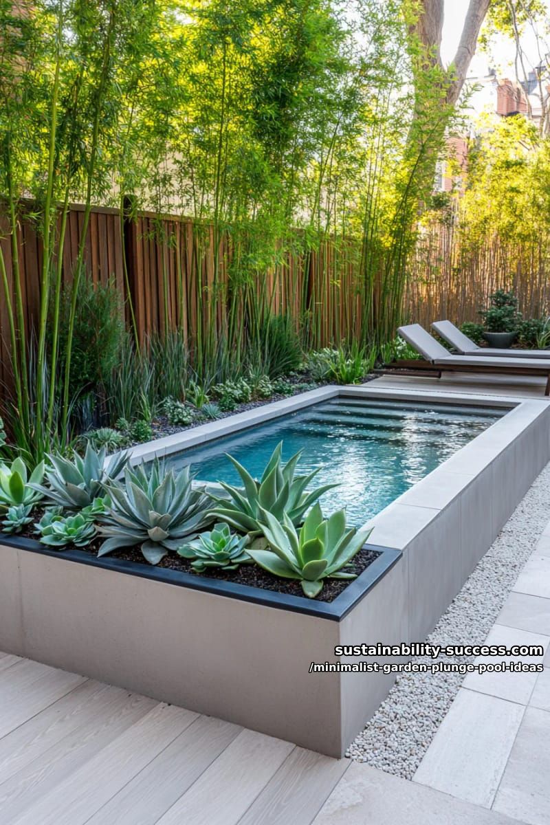 modern gray plunge pool accented by raised succulent beds 1