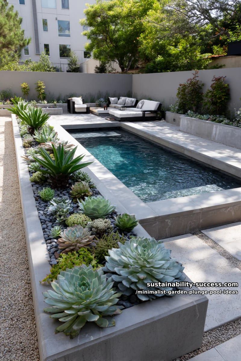 modern gray plunge pool accented by raised succulent beds 1