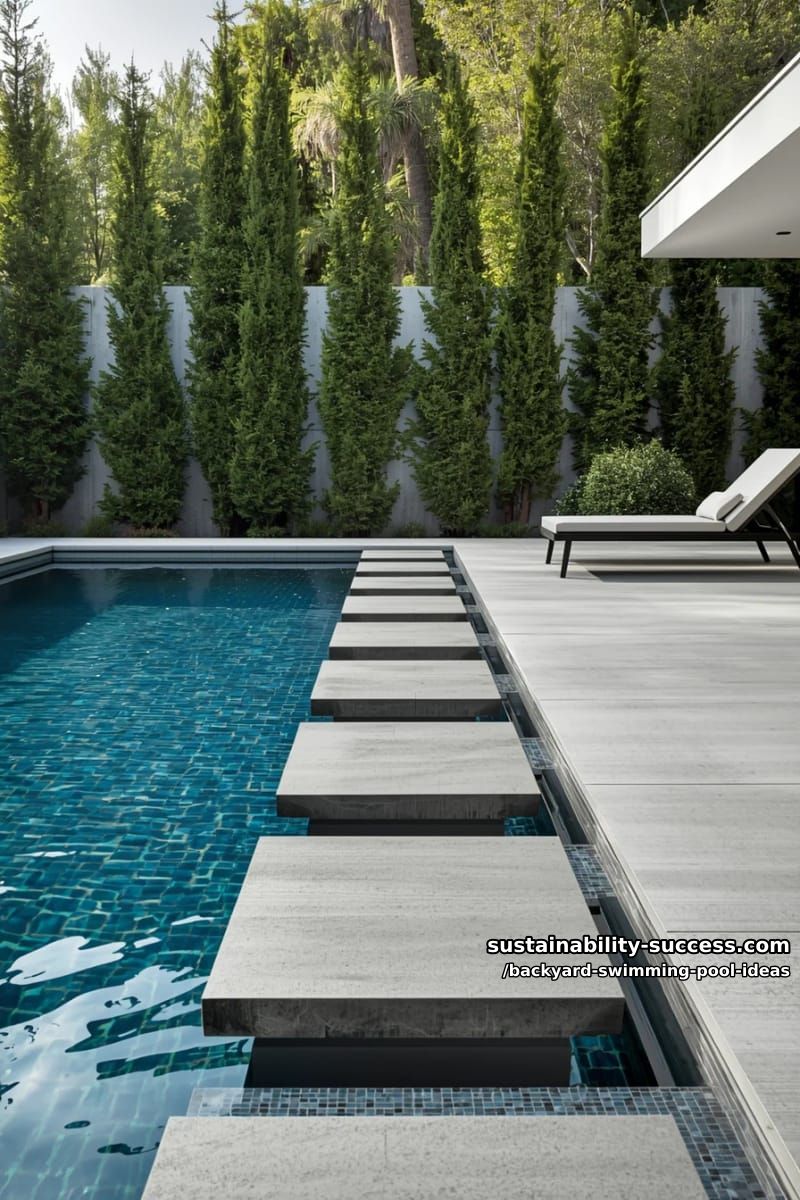 modern lap pool featuring stepping stone path and tall privacy hedges 1