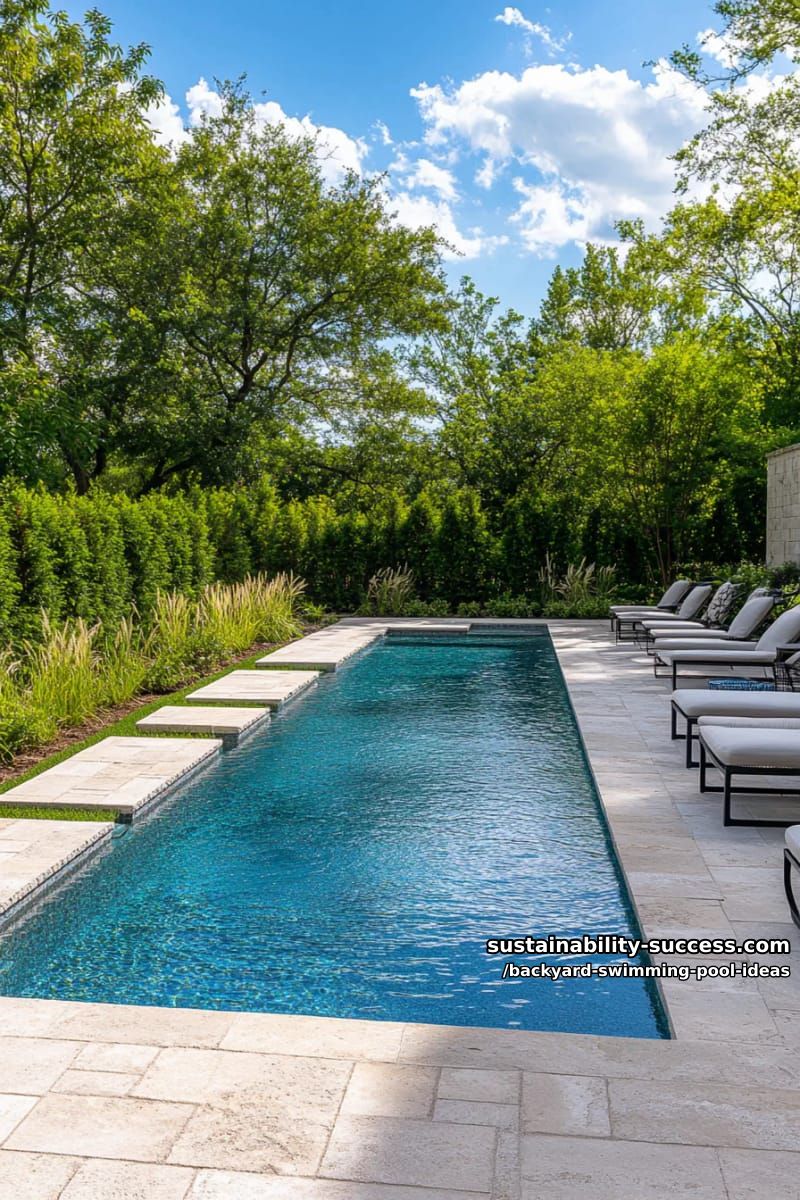 modern lap pool featuring stepping stone path and tall privacy hedges 1