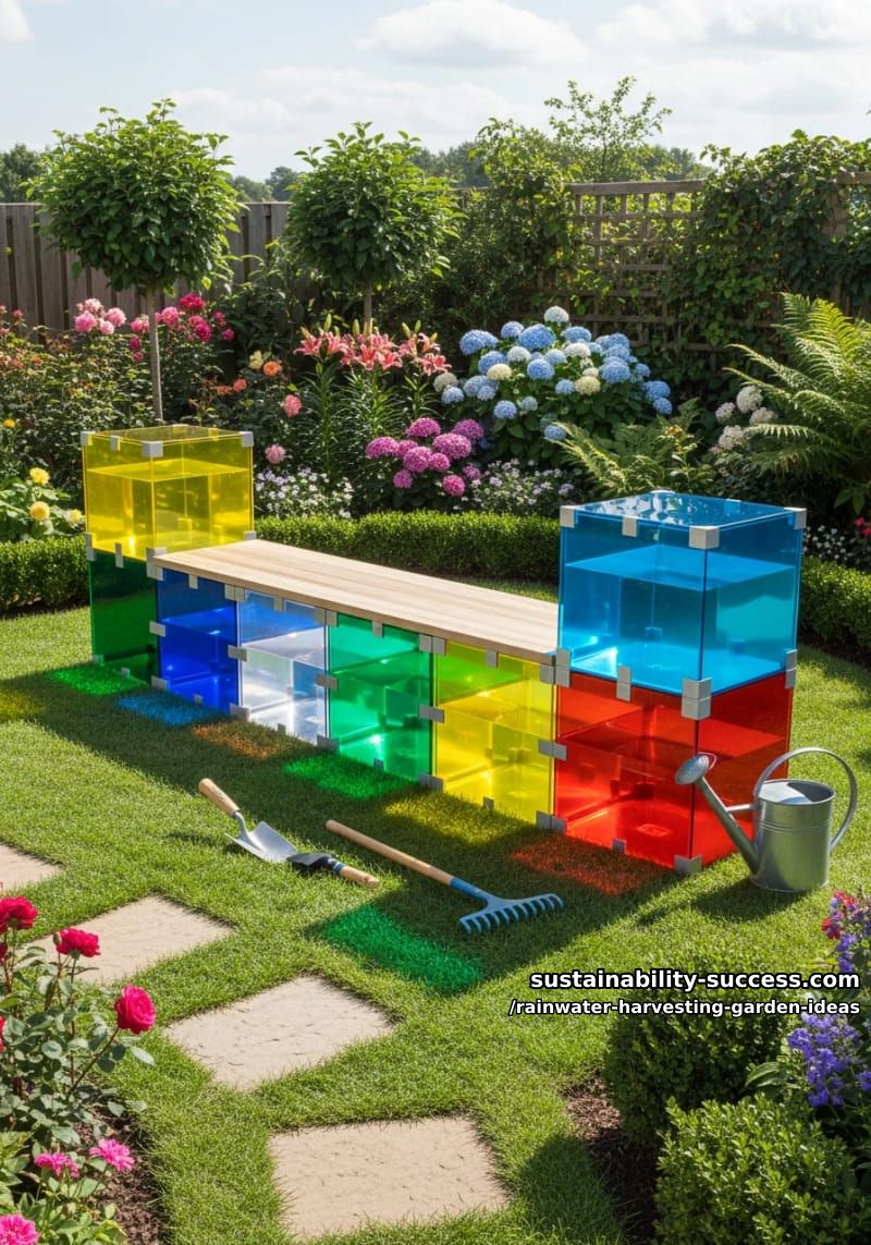 modular rainwater cubes forming a colorful garden seating bench 1