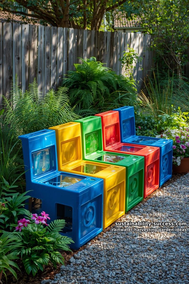 modular rainwater cubes forming a colorful garden seating bench 1