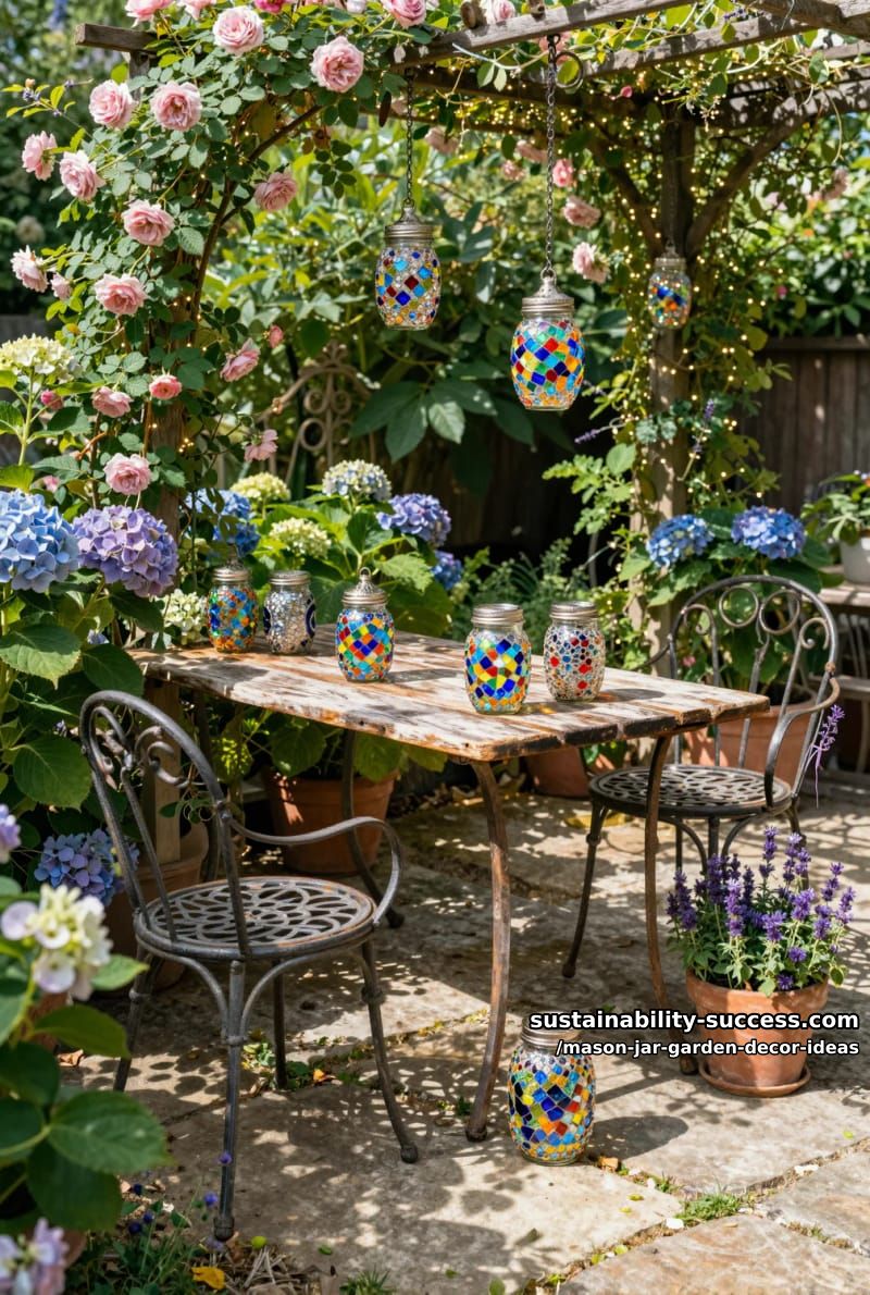 mosaic glass gem mason jar lanterns reflecting rainbow colors in sunlight 1