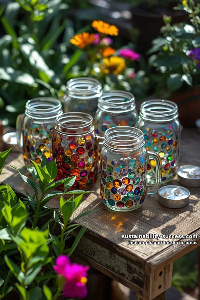 mosaic glass gem mason jar lanterns reflecting rainbow colors in sunlight 1