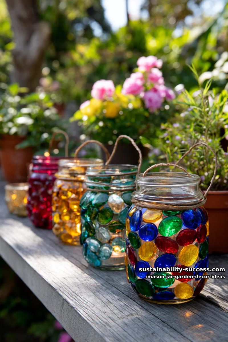 mosaic glass gem mason jar lanterns reflecting rainbow colors in sunlight 1
