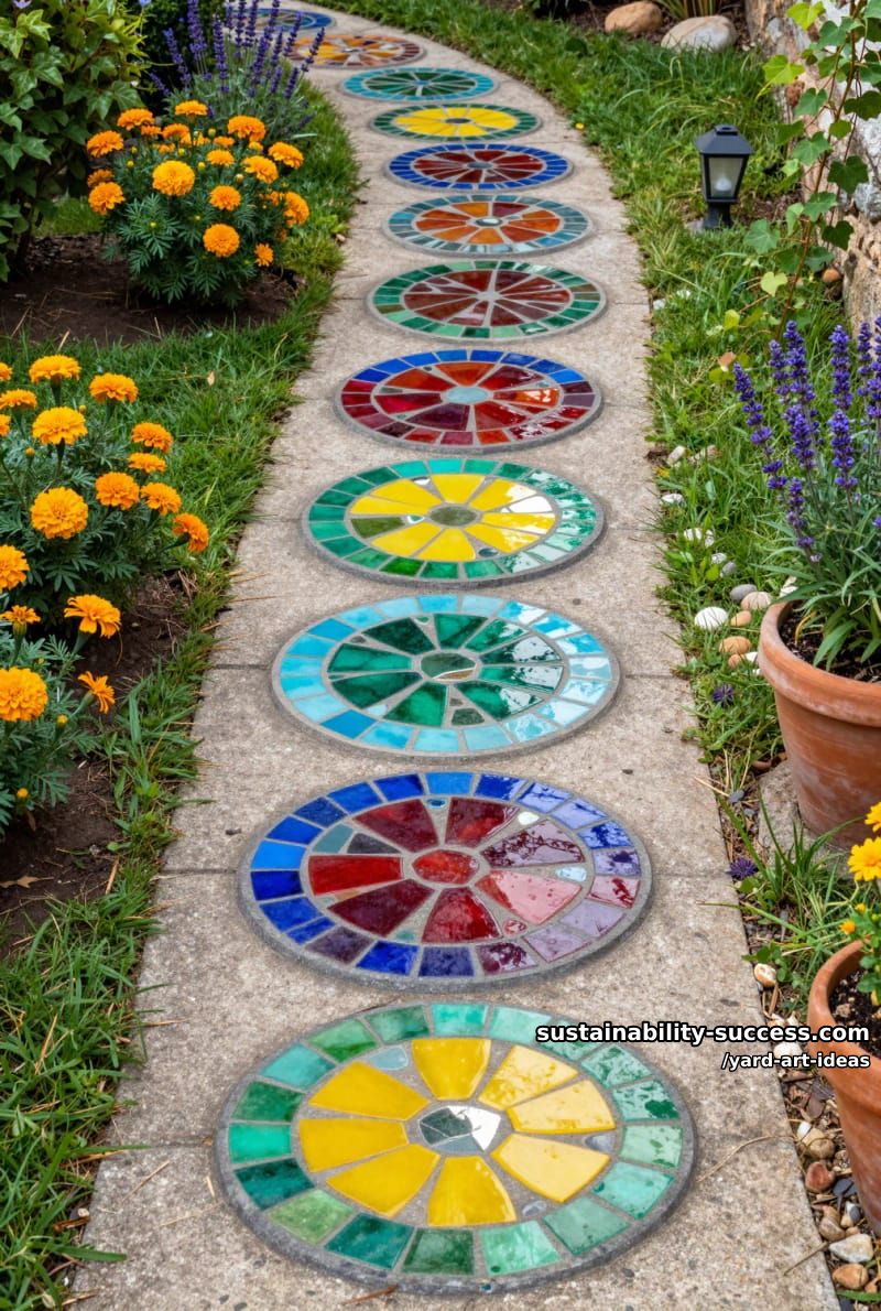mosaic stepping stones with vibrant glass pieces and mirror fragments 1