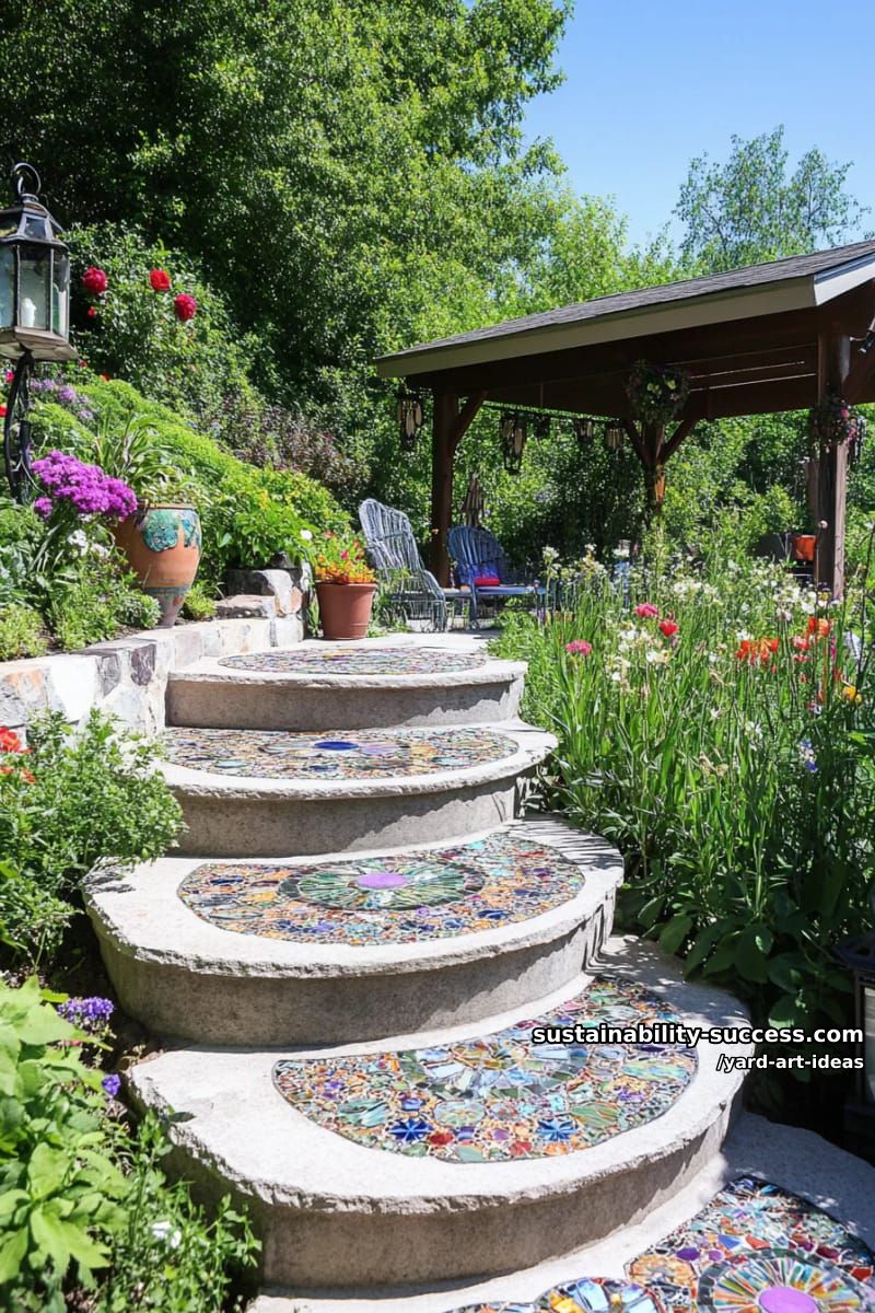 mosaic stepping stones with vibrant glass pieces and mirror fragments 1
