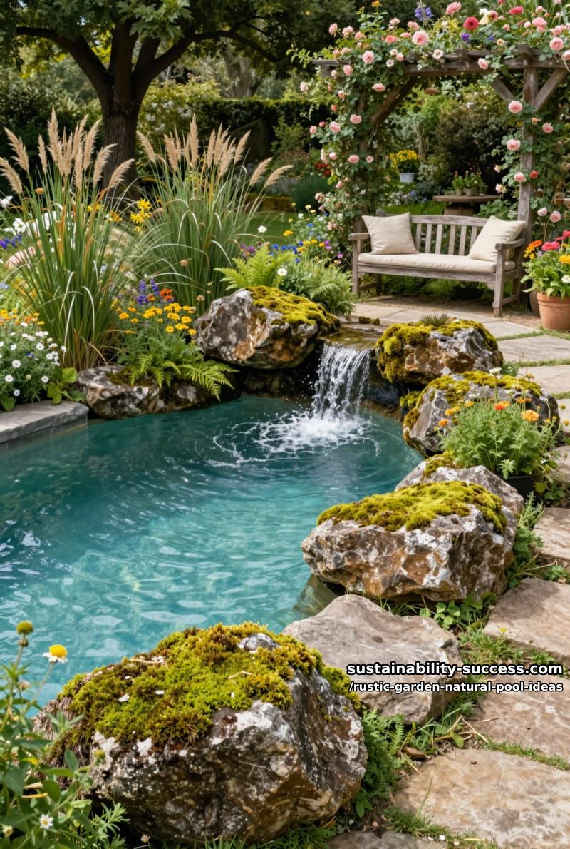 moss-covered boulders lining a freeform pool with cascading mini waterfall 1