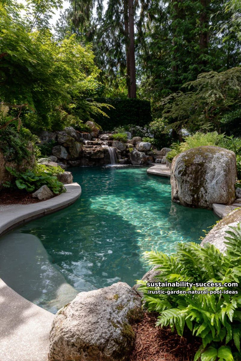moss-covered boulders lining a freeform pool with cascading mini waterfall 1