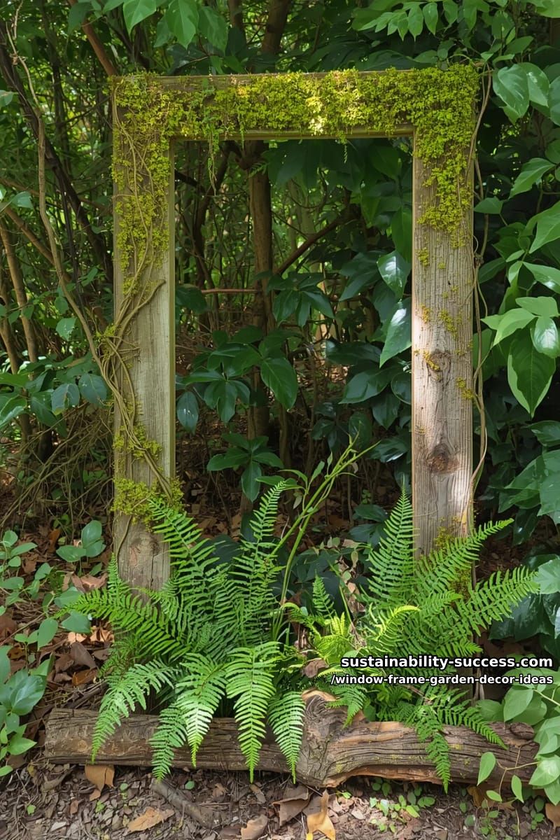 moss-covered frame with woodland ferns and natural wood accents 1