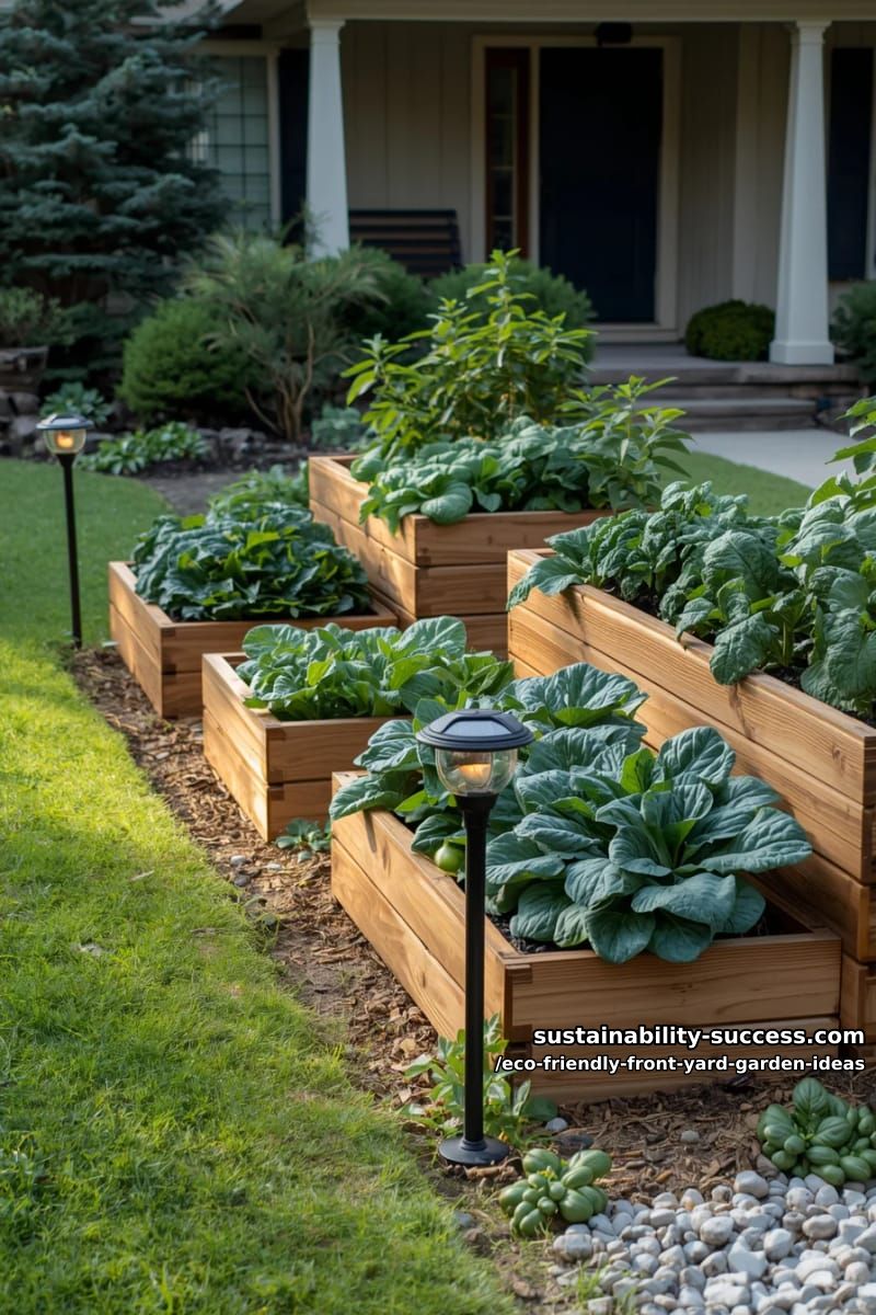 multi-level planter boxes for vegetables flanked by solar garden lights 1