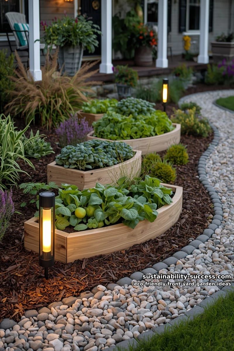 multi-level planter boxes for vegetables flanked by solar garden lights 1