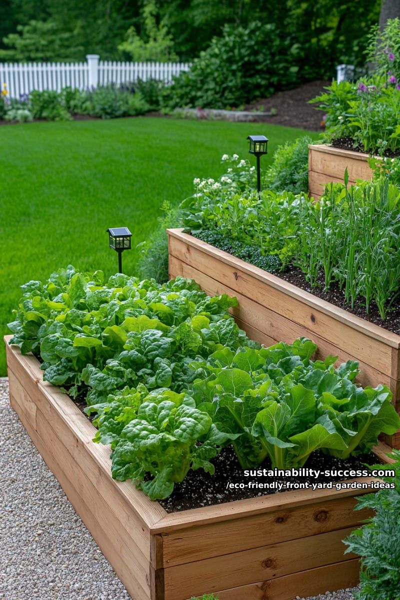 multi-level planter boxes for vegetables flanked by solar garden lights 1