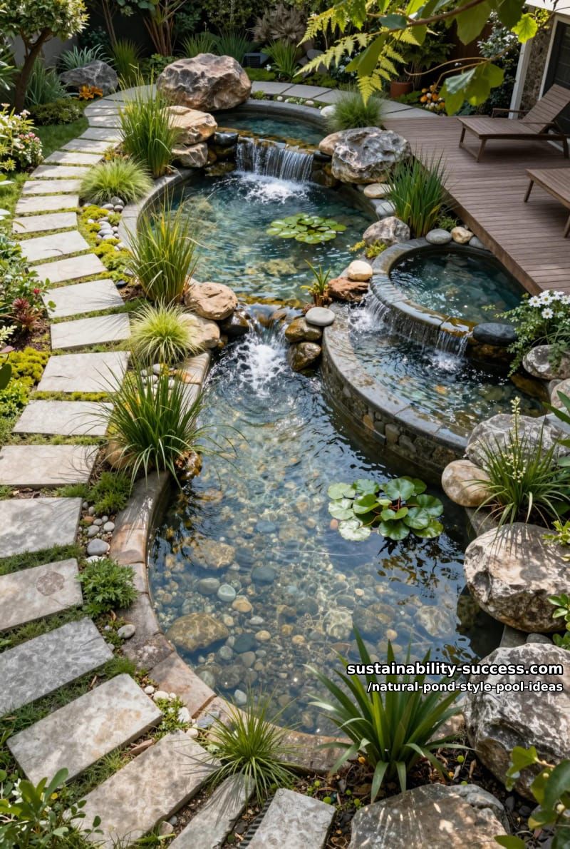 multi-level pond pool with gentle stream-like channels connecting sections 1