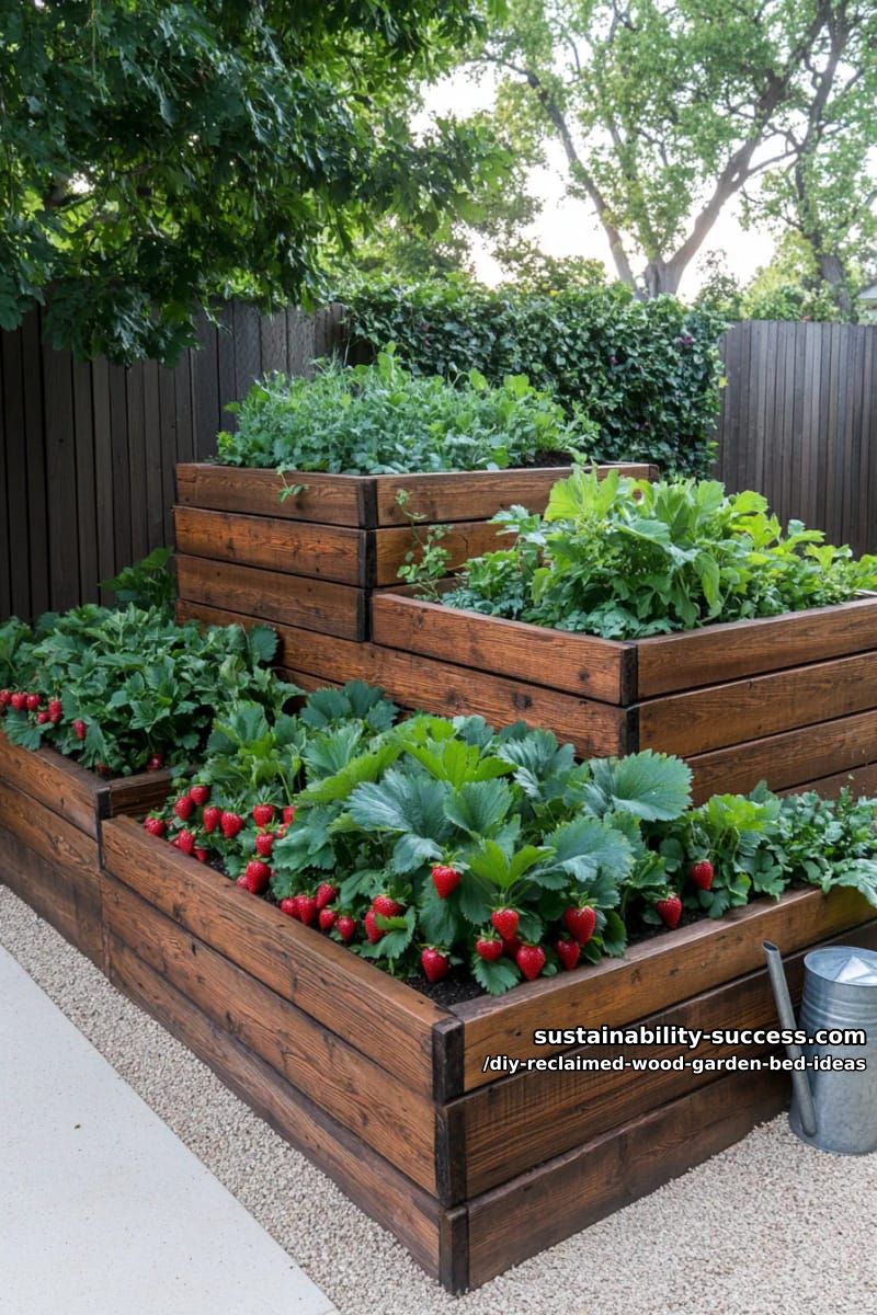 15 DIY Reclaimed Wood Garden Bed Ideas for Vibrant Backyards 8 multi-level reclaimed wood planters with cascading strawberry pockets 1