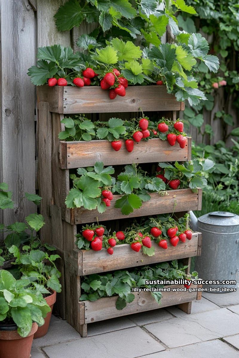 15 DIY Reclaimed Wood Garden Bed Ideas for Vibrant Backyards 9 multi-level reclaimed wood planters with cascading strawberry pockets 1