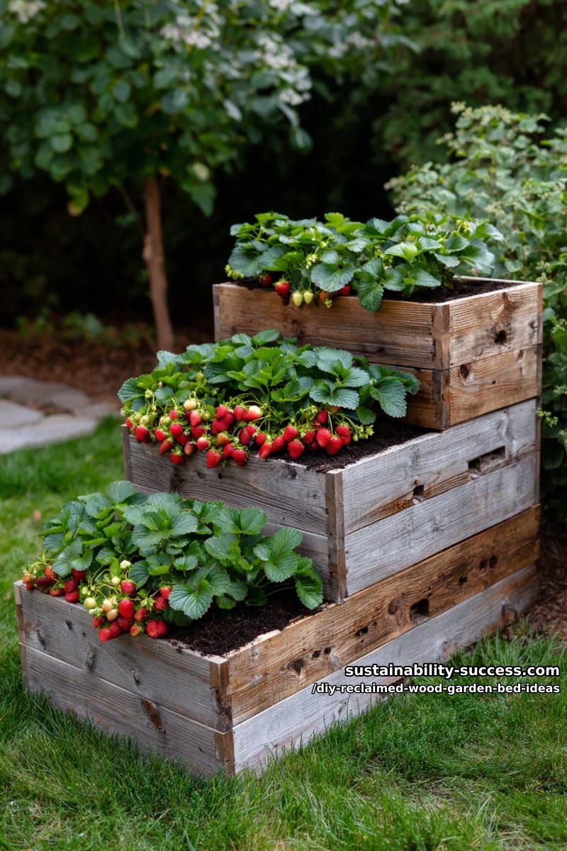 15 DIY Reclaimed Wood Garden Bed Ideas for Vibrant Backyards 10 multi-level reclaimed wood planters with cascading strawberry pockets 1