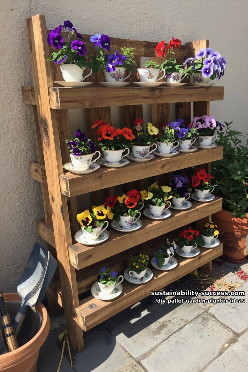multi-tiered flower display using pallet slats and vintage teacups 1