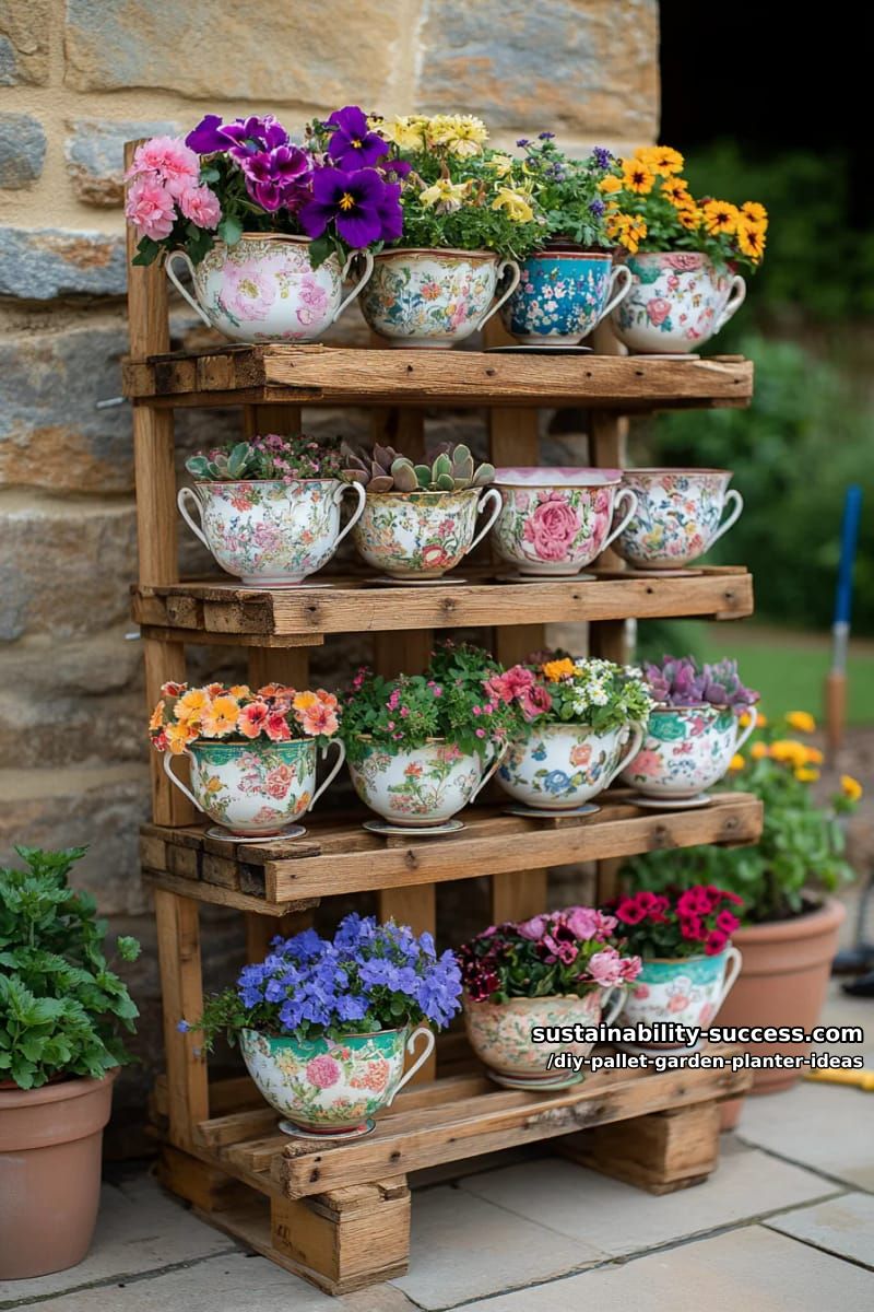 multi-tiered flower display using pallet slats and vintage teacups 1