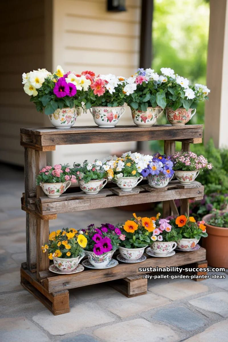 multi-tiered flower display using pallet slats and vintage teacups 1