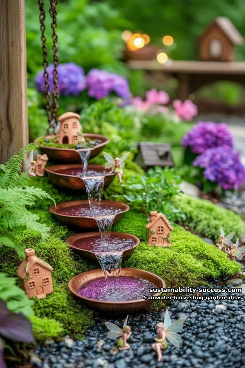 multi-tiered rain chain garden spilling into a lush fairy garden pond 1